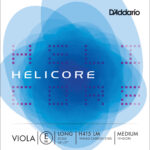 The image displays the front of a D'Addario Helicore Set package for viola, featuring a blue abstract design, the Helicore logo, and details like "Viola E Mi," long scale, H415 LM, tinned carbon steel, and medium tension.