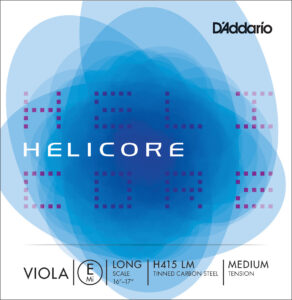 The image displays the front of a D'Addario Helicore Set package for viola, featuring a blue abstract design, the Helicore logo, and details like "Viola E Mi," long scale, H415 LM, tinned carbon steel, and medium tension.