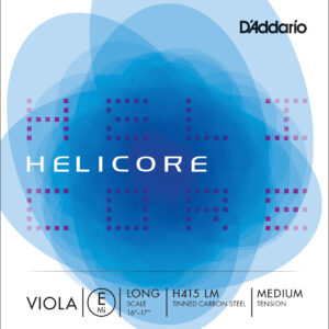 The image displays the front of a D'Addario Helicore Set package for viola, featuring a blue abstract design, the Helicore logo, and details like "Viola E Mi," long scale, H415 LM, tinned carbon steel, and medium tension.