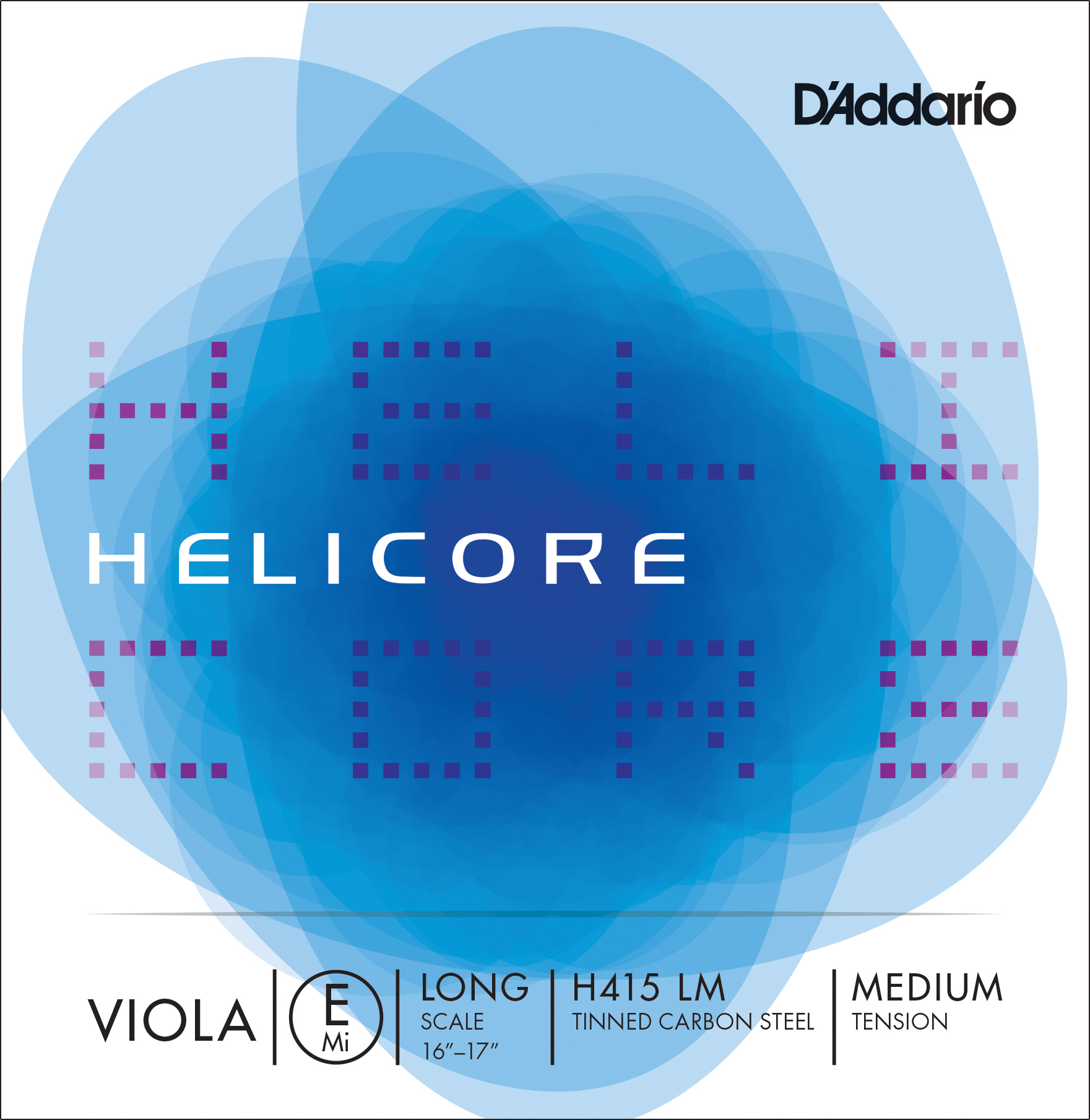 The image displays the front of a D'Addario Helicore Set package for viola, featuring a blue abstract design, the Helicore logo, and details like "Viola E Mi," long scale, H415 LM, tinned carbon steel, and medium tension.