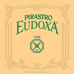 A tan background with ornate border design features green text reading "Pirastro Eudoxa Viola" and a small emblem with two crossing bows. The bottom reads "Handmade in Germany.
