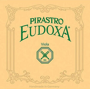 A tan background with ornate border design features green text reading "Pirastro Eudoxa Viola" and a small emblem with two crossing bows. The bottom reads "Handmade in Germany.