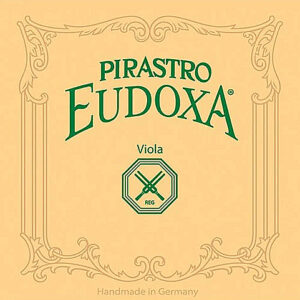 A tan background with ornate border design features green text reading "Pirastro Eudoxa Viola" and a small emblem with two crossing bows. The bottom reads "Handmade in Germany.