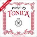 Square product packaging for Pirastro Tonica viola strings. The design features red ornate borders, with "PIRASTRO TONICA" in large red text and "Viola" below. A red banner reads "New Formula! Handmade in Germany.