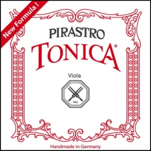 Square product packaging for Pirastro Tonica viola strings. The design features red ornate borders, with "PIRASTRO TONICA" in large red text and "Viola" below. A red banner reads "New Formula! Handmade in Germany.