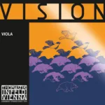 An illustration of birds flying above running boars, transitioning from purple to orange. The words "VISION" and "VIOLA" are at the top and left, with a "Thomastik-Infeld Vienna Handmade Strings Since 1919" logo in the bottom left corner.