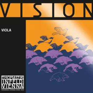 An illustration of birds flying above running boars, transitioning from purple to orange. The words "VISION" and "VIOLA" are at the top and left, with a "Thomastik-Infeld Vienna Handmade Strings Since 1919" logo in the bottom left corner.