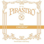 The image shows the packaging for Pirastro Chorda viola strings, featuring ornate gold decorative borders and text stating "Pirastro," "Viola," "Chorda," and "Handmade in Germany.