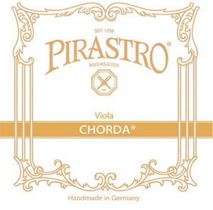 The image shows the packaging for Pirastro Chorda viola strings, featuring ornate gold decorative borders and text stating "Pirastro," "Viola," "Chorda," and "Handmade in Germany.