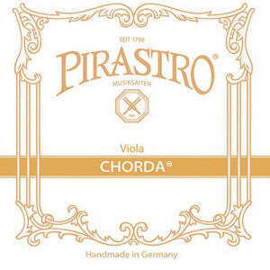 The image shows the packaging for Pirastro Chorda viola strings, featuring ornate gold decorative borders and text stating "Pirastro," "Viola," "Chorda," and "Handmade in Germany.