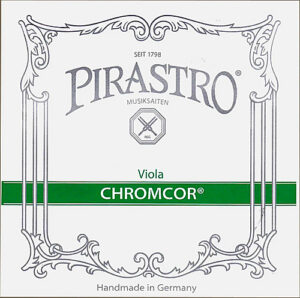 Packaging for Pirastro Chromcor viola strings, featuring silver and green decorative elements, the Pirastro logo, and text stating "Handmade in Germany" and "SEIT 1798".