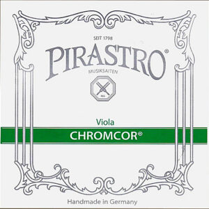 Packaging for Pirastro Chromcor viola strings, featuring silver and green decorative elements, the Pirastro logo, and text stating "Handmade in Germany" and "SEIT 1798".