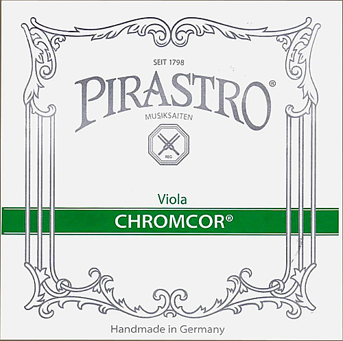 Packaging for Pirastro Chromcor viola strings, featuring silver and green decorative elements, the Pirastro logo, and text stating "Handmade in Germany" and "SEIT 1798".