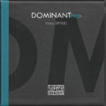 A square package labeled "Dominant Pro Viola DP200" with a teal vertical stripe on the left side and the Thomastik-Infeld Vienna logo at the bottom center. The background is dark with large faded letters.