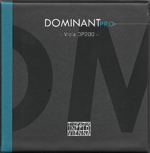 A square package labeled "Dominant Pro Viola DP200" with a teal vertical stripe on the left side and the Thomastik-Infeld Vienna logo at the bottom center. The background is dark with large faded letters.
