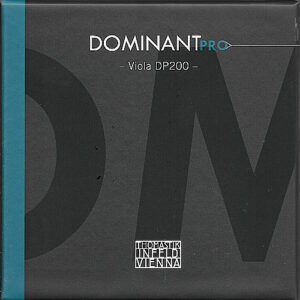 A square package labeled "Dominant Pro Viola DP200" with a teal vertical stripe on the left side and the Thomastik-Infeld Vienna logo at the bottom center. The background is dark with large faded letters.