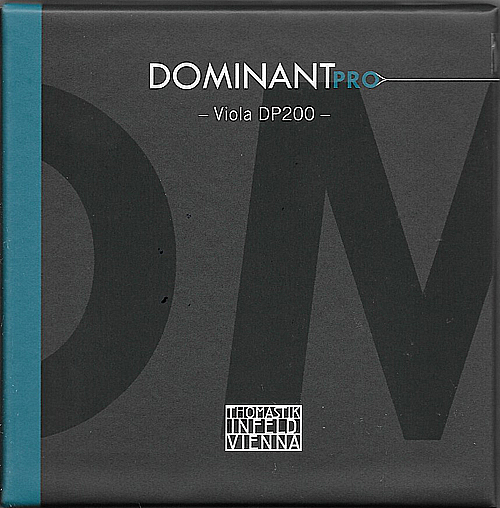 A square package labeled "Dominant Pro Viola DP200" with a teal vertical stripe on the left side and the Thomastik-Infeld Vienna logo at the bottom center. The background is dark with large faded letters.
