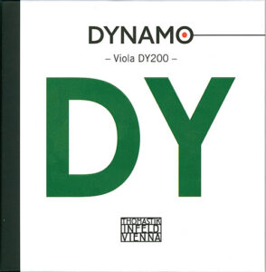 Album cover for "Dynamo Viola DY200" featuring large green letters "DY" in the center and the Thomastik-Infeld Vienna logo at the bottom on a white background.