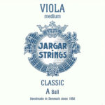 Blue and white packaging for Jargar Strings, featuring a crowned emblem. Text reads: "VIOLA medium, JARGAR STRINGS, CLASSIC A Ball, Handmade in Denmark since 1956.
