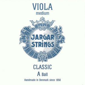 Blue and white packaging for Jargar Strings, featuring a crowned emblem. Text reads: "VIOLA medium, JARGAR STRINGS, CLASSIC A Ball, Handmade in Denmark since 1956.