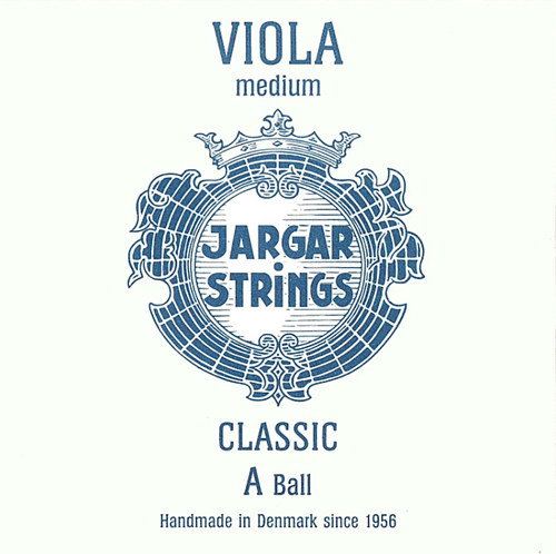 Blue and white packaging for Jargar Strings, featuring a crowned emblem. Text reads: "VIOLA medium, JARGAR STRINGS, CLASSIC A Ball, Handmade in Denmark since 1956.
