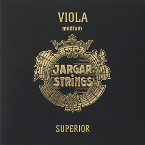 A black square package featuring gold ornate detailing with the words "VIOLA medium JARGAR STRINGS SUPERIOR" in the center.