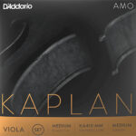 Close-up of D’Addario Kaplan AMO viola string packaging, featuring the brand and product name, with details indicating medium tension, synthetic core, for 15”-16” viola, and gray and gold color scheme.