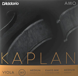 Close-up of D’Addario Kaplan AMO viola string packaging, featuring the brand and product name, with details indicating medium tension, synthetic core, for 15”-16” viola, and gray and gold color scheme.