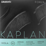 Close-up of D’Addario Kaplan Forza viola string set packaging, featuring images of a viola, product branding, and information about scale, core type, and tension in a modern design.