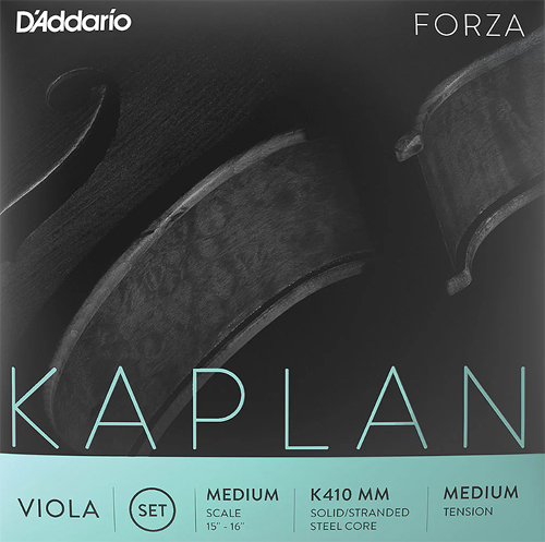 Close-up of D’Addario Kaplan Forza viola string set packaging, featuring images of a viola, product branding, and information about scale, core type, and tension in a modern design.