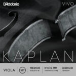 Close-up image of a viola with the text: "D'Addario VIVO Kaplan, Viola Set, Medium scale 15''-16'', KV410 MM Synthetic Core, Medium Tension.