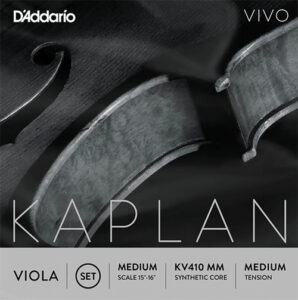 Close-up image of a viola with the text: "D'Addario VIVO Kaplan, Viola Set, Medium scale 15''-16'', KV410 MM Synthetic Core, Medium Tension.