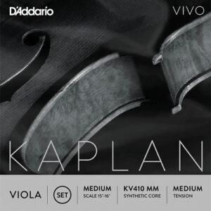 Close-up image of a viola with the text: "D'Addario VIVO Kaplan, Viola Set, Medium scale 15''-16'', KV410 MM Synthetic Core, Medium Tension.