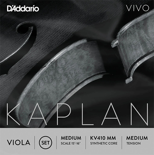 Close-up image of a viola with the text: "D'Addario VIVO Kaplan, Viola Set, Medium scale 15''-16'', KV410 MM Synthetic Core, Medium Tension.