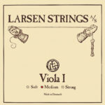 A beige package labeled "Larsen Strings A/S" features an illustration of two hands pulling a string, the text "Viola I," a logo with the initials "LS," and checkboxes for string tension, with "Medium" marked. "Made in Denmark" is at the bottom.