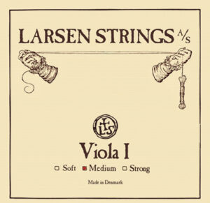 A beige package labeled "Larsen Strings A/S" features an illustration of two hands pulling a string, the text "Viola I," a logo with the initials "LS," and checkboxes for string tension, with "Medium" marked. "Made in Denmark" is at the bottom.