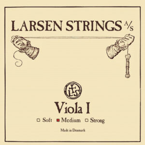 A beige package labeled "Larsen Strings A/S" features an illustration of two hands pulling a string, the text "Viola I," a logo with the initials "LS," and checkboxes for string tension, with "Medium" marked. "Made in Denmark" is at the bottom.
