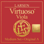 A red square package labeled "Larsen Virtuoso Viola" in gold text, featuring a gold logo, a gold seal marked "VS Soloist," and the words "Medium Set • Original A" at the bottom.