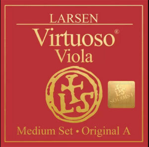 A red square package labeled "Larsen Virtuoso Viola" in gold text, featuring a gold logo, a gold seal marked "VS Soloist," and the words "Medium Set • Original A" at the bottom.
