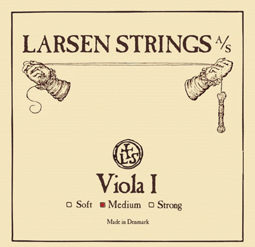 A beige package labeled "Larsen Strings A/S" features an illustration of two hands pulling a string, the text "Viola I," a logo with the initials "LS," and checkboxes for string tension, with "Medium" marked. "Made in Denmark" is at the bottom.