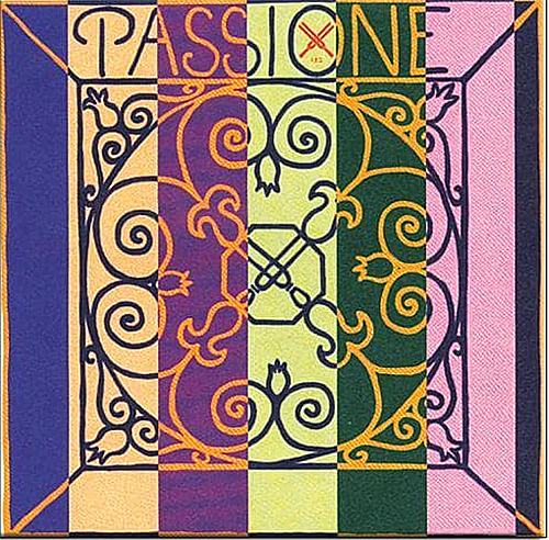 A decorative illustration features the word "PASSIONE" at the top, ornate black and gold scrollwork, and five vertical color stripes in purple, yellow, orange, green, and pink, with a circle containing an "X" and "123" near the top center.
