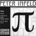 Square product packaging for Peter Infeld viola strings, featuring a large Greek letter pi symbol, product details, and "Thomastik Infeld Vienna" branding at the bottom.