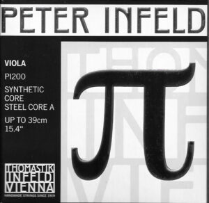 Square product packaging for Peter Infeld viola strings, featuring a large Greek letter pi symbol, product details, and "Thomastik Infeld Vienna" branding at the bottom.