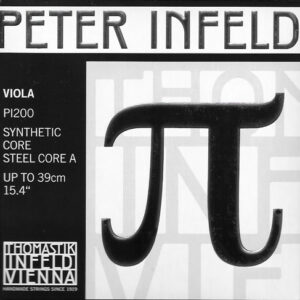 Square product packaging for Peter Infeld viola strings, featuring a large Greek letter pi symbol, product details, and "Thomastik Infeld Vienna" branding at the bottom.