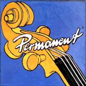A violin scroll and pegbox are illustrated against a blue background with the word "Permanent" written across the instrument in white, stylized text. Four black strings extend down from the scroll.