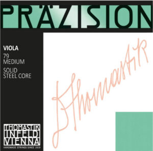Product packaging for Thomastik-Infeld Präzision viola strings, indicating 79 medium, solid steel core. The design features black, green, and white blocks with a handwritten-style logo and company information.