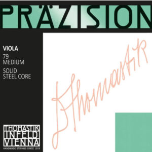 Product packaging for Thomastik-Infeld Präzision viola strings, indicating 79 medium, solid steel core. The design features black, green, and white blocks with a handwritten-style logo and company information.