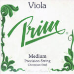 Square package with "Viola" at the top, green decorative leaves on the borders, and "Prim Medium Precision String Chromium Steel" text in the center. "Made in Sweden" is written at the bottom.