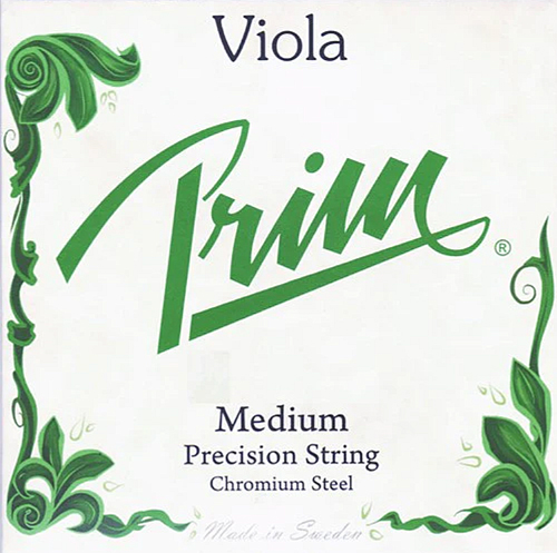 Square package with "Viola" at the top, green decorative leaves on the borders, and "Prim Medium Precision String Chromium Steel" text in the center. "Made in Sweden" is written at the bottom.