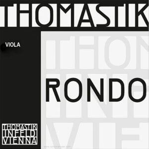 Square image showing the packaging for Thomastik-Infeld Vienna Rondo viola strings. The words "THOMASTIK," "VIOLA," "RONDO," and "THOMASTIK INFELD VIENNA" appear in bold text on a black and gray background.